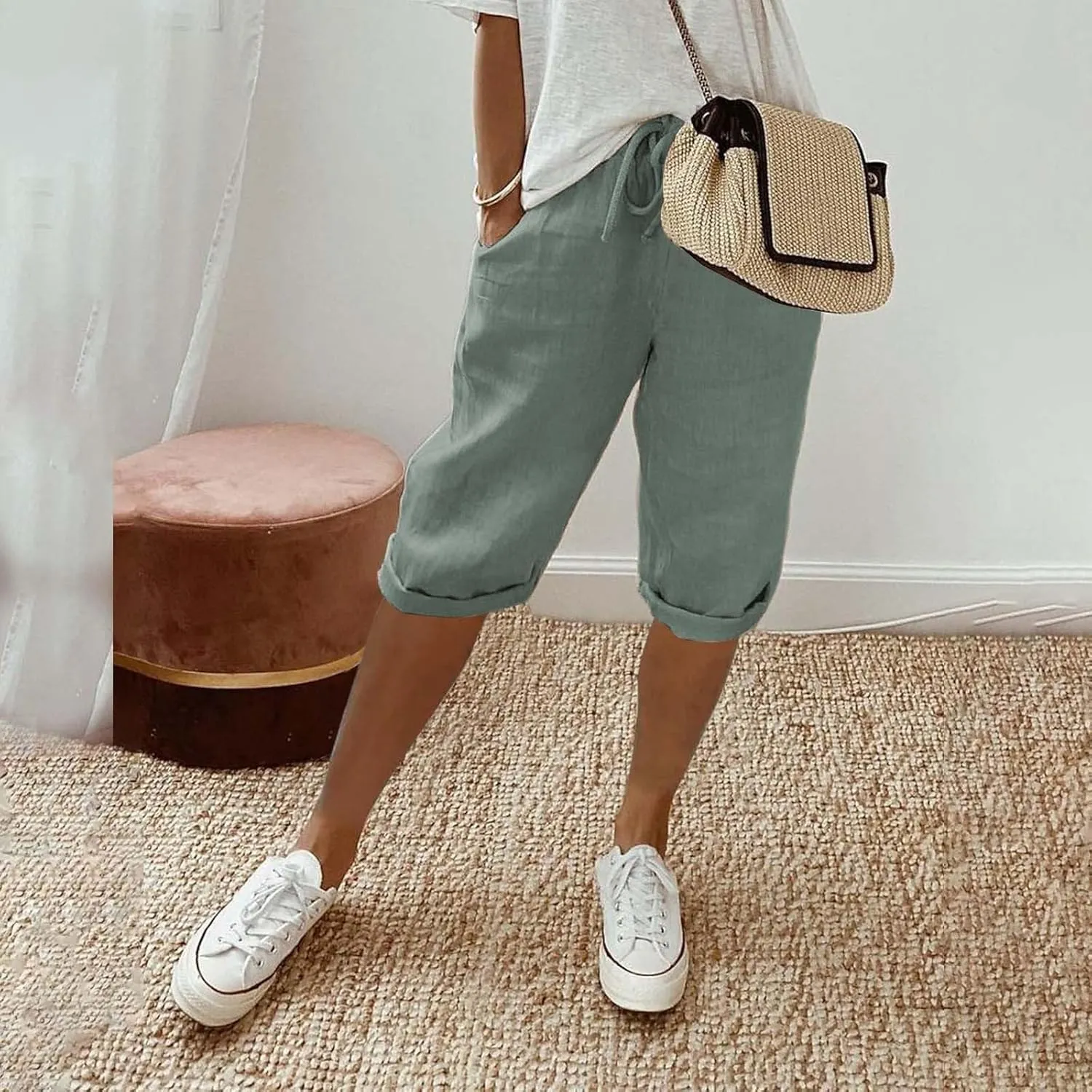 GOFULY Bermuda Shorts for Women Knee Length Cotton Linen Elastic Waist Drawstring Shorts Summer Capris Pants with Pockets