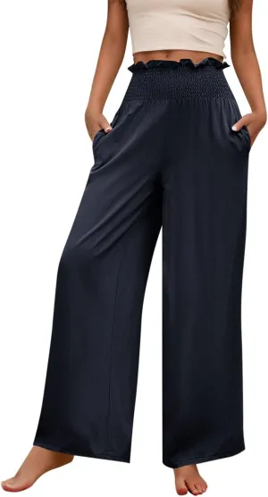 GOFULY Linen Pants Women Wide Leg 2025 High Waisted Pants Elastic Waist 2025 Summer Loose Fit Solid Trousers with Pockets
