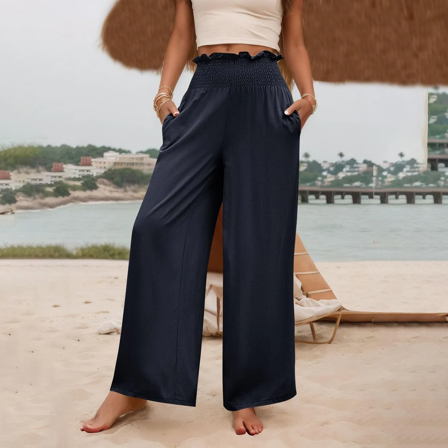 GOFULY Linen Pants Women Wide Leg 2025 High Waisted Pants Elastic Waist 2025 Summer Loose Fit Solid Trousers with Pockets