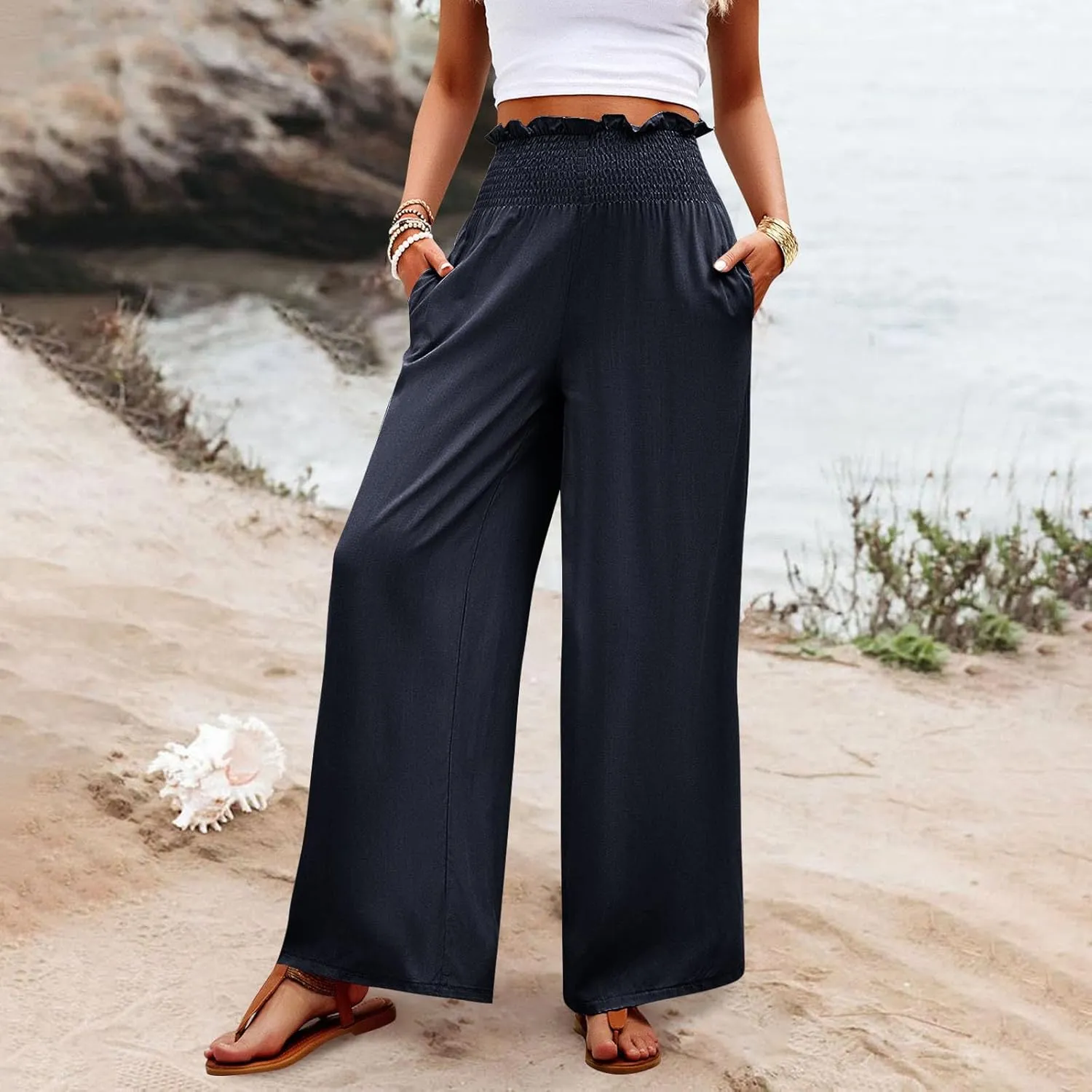 GOFULY Linen Pants Women Wide Leg 2025 High Waisted Pants Elastic Waist 2025 Summer Loose Fit Solid Trousers with Pockets