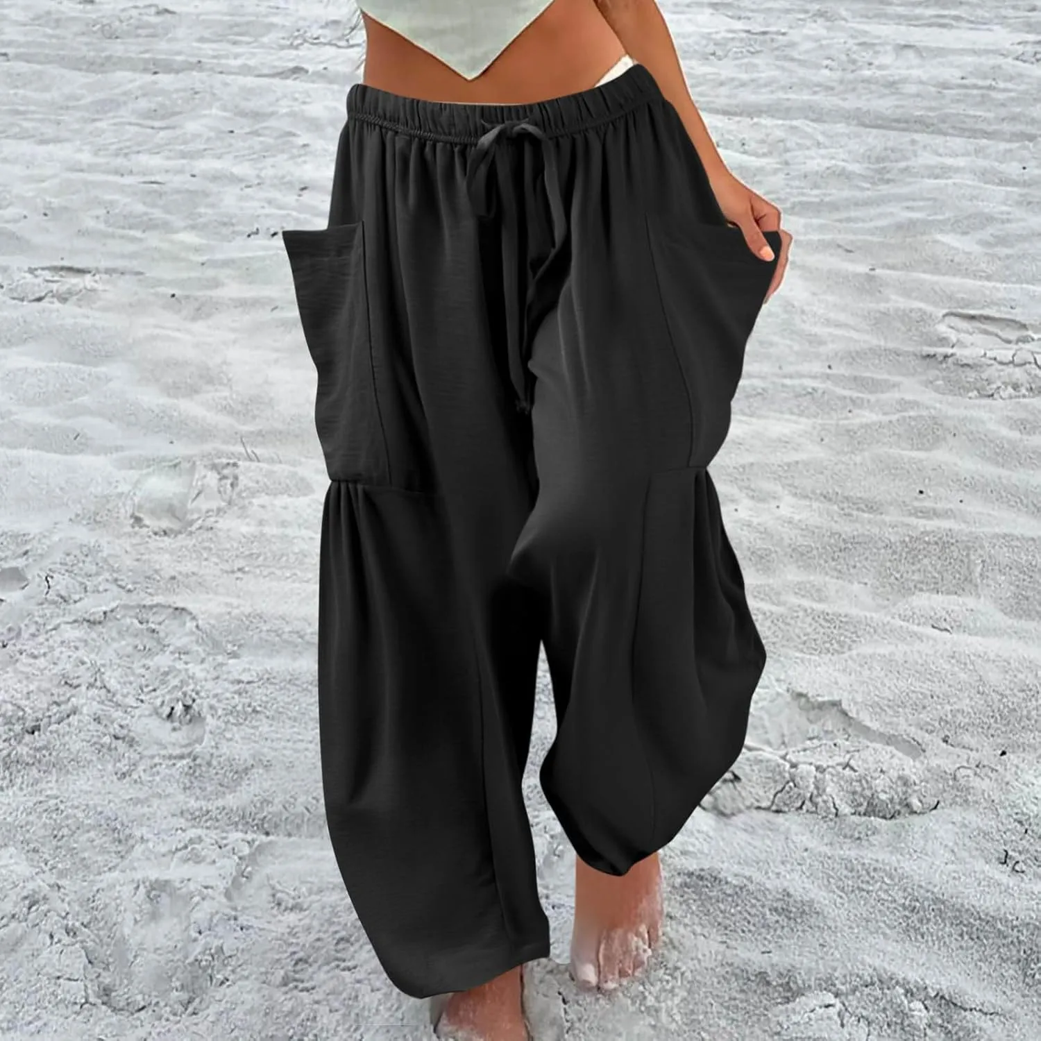 GOFULY Womens Linen Pants Wide Leg Casual High Waisted Casual Pants Drawstring Elastic Waist Summer Solid Clothes Pockets