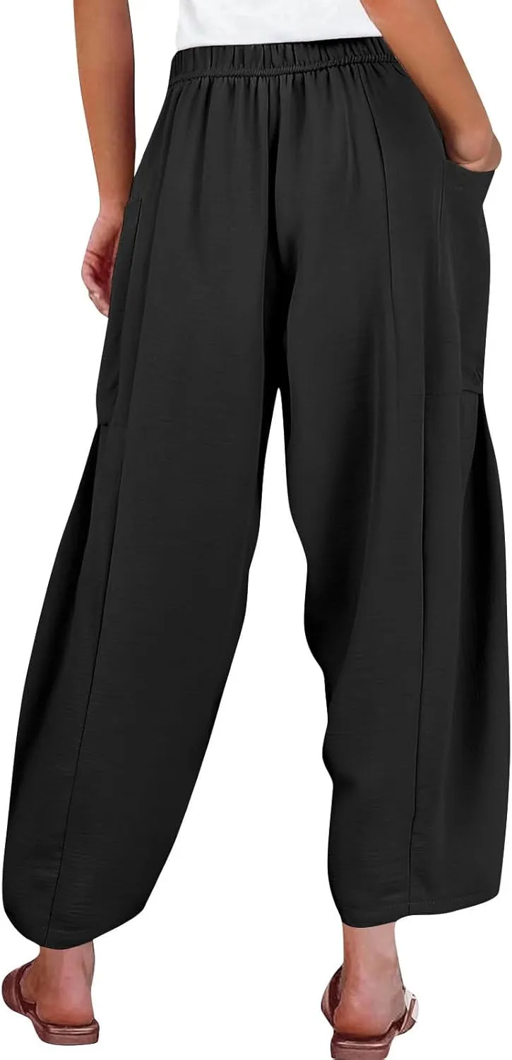 GOFULY Womens Linen Pants Wide Leg Casual High Waisted Casual Pants Drawstring Elastic Waist Summer Solid Clothes Pockets