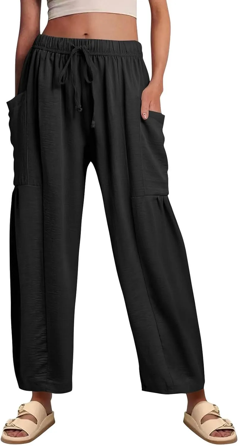 GOFULY Womens Linen Pants Wide Leg Casual High Waisted Casual Pants Drawstring Elastic Waist Summer Solid Clothes Pockets