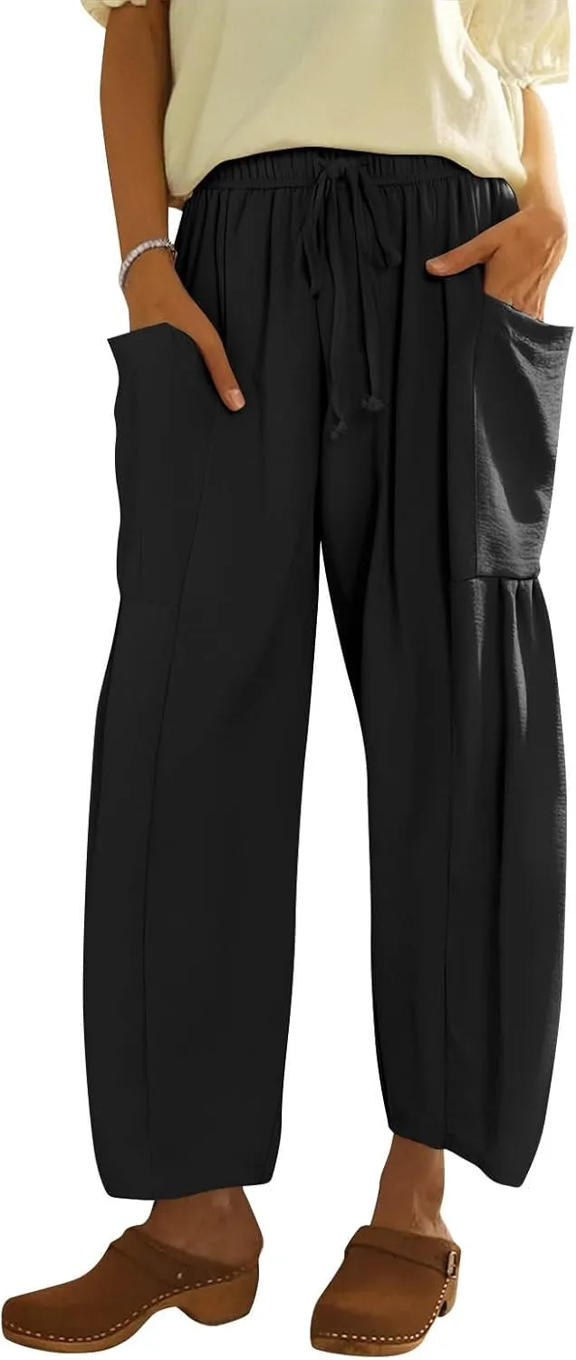 GOFULY Womens Linen Pants Wide Leg Casual High Waisted Casual Pants Drawstring Elastic Waist Summer Solid Clothes Pockets