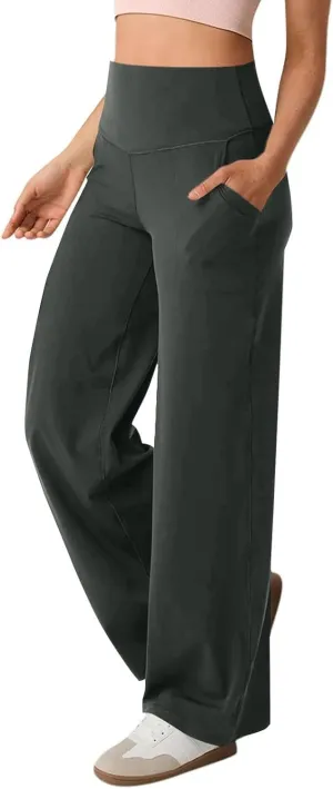 GOKKILRW Women's Yoga Pants Wide Leg Dress Work Pants Tummy Control Stretch High Waist Casual Trousers Slacks with Pockets