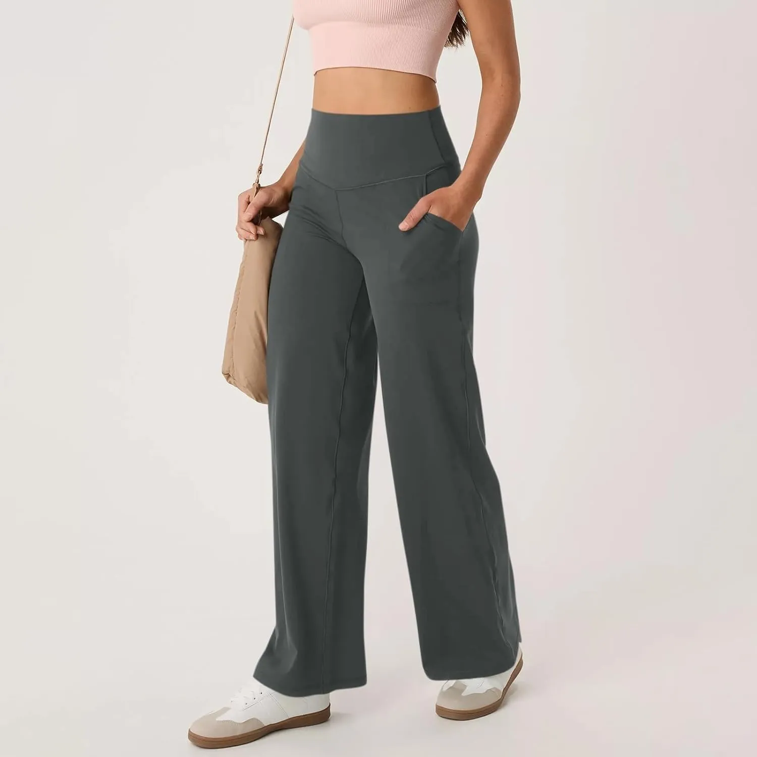GOKKILRW Women's Yoga Pants Wide Leg Dress Work Pants Tummy Control Stretch High Waist Casual Trousers Slacks with Pockets