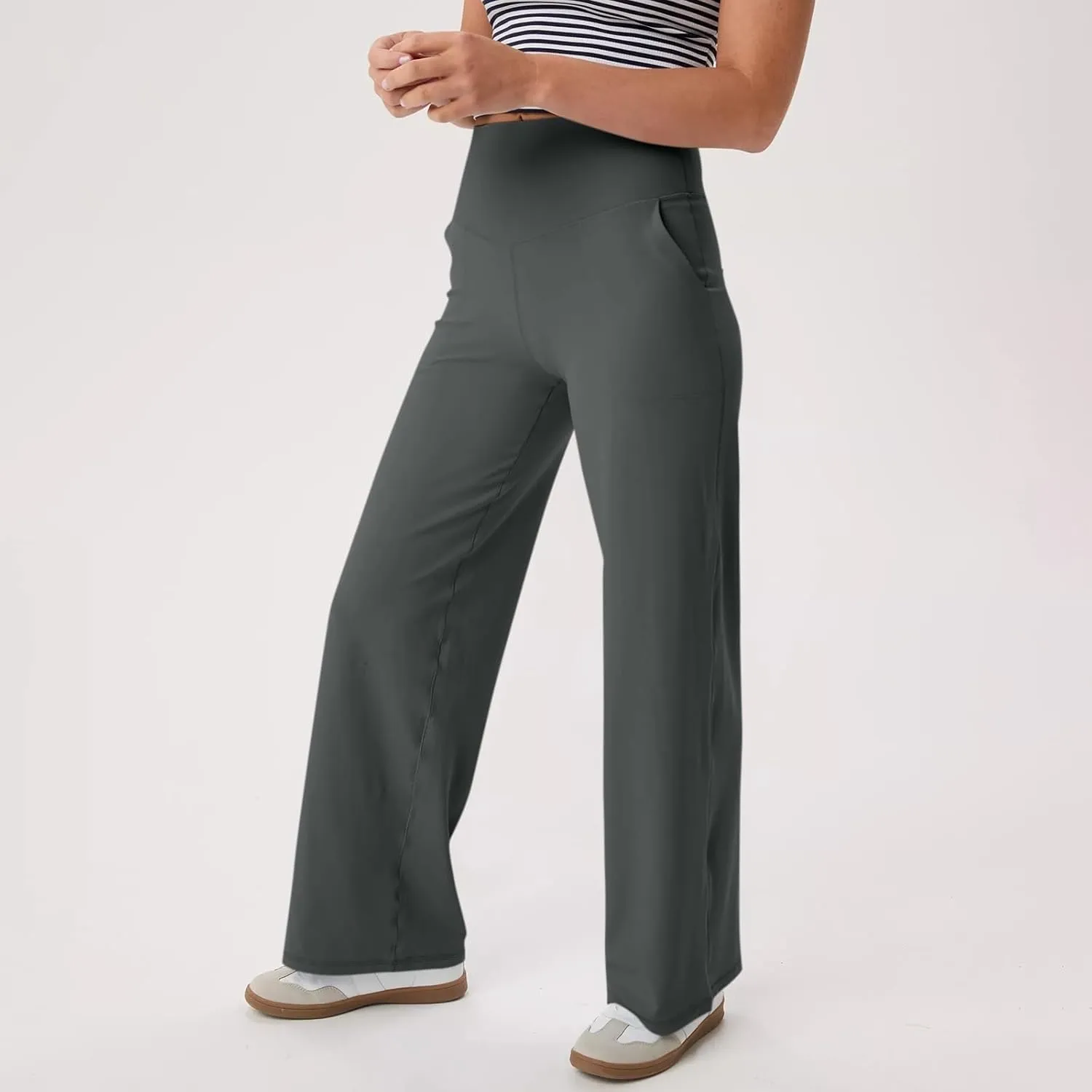 GOKKILRW Women's Yoga Pants Wide Leg Dress Work Pants Tummy Control Stretch High Waist Casual Trousers Slacks with Pockets