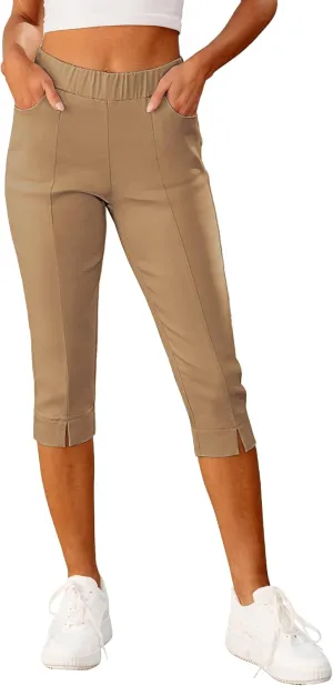 GRAPENT Capri Pants for Women High Waisted Pull On Elastic Waist Dressy Casual Stretchy Capris Trousers Pants Pockets