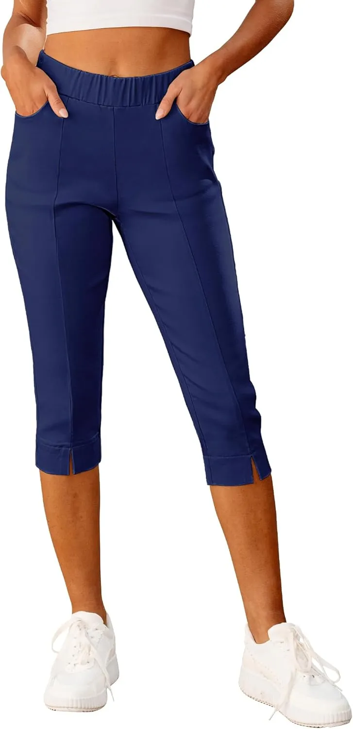 GRAPENT Capri Pants for Women High Waisted Pull On Elastic Waist Dressy Casual Stretchy Capris Trousers Pants Pockets