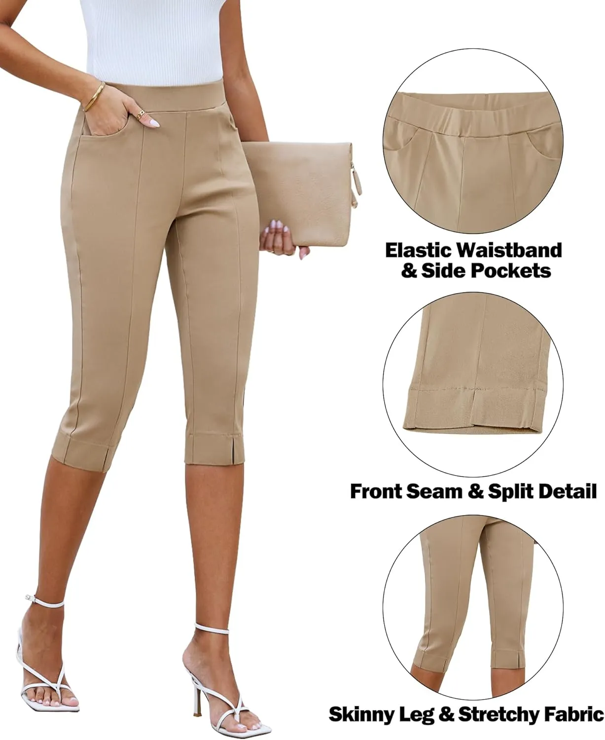 GRAPENT Capri Pants for Women High Waisted Pull On Elastic Waist Dressy Casual Stretchy Capris Trousers Pants Pockets