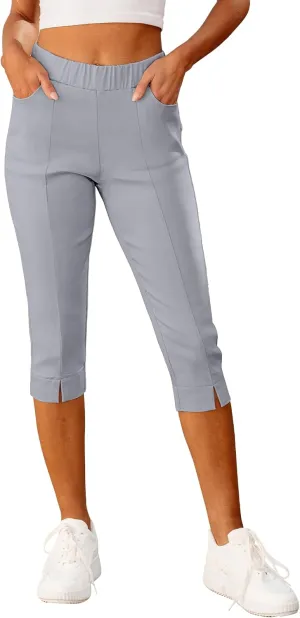 GRAPENT Capri Pants for Women High Waisted Pull On Elastic Waist Dressy Casual Stretchy Capris Trousers Pants Pockets