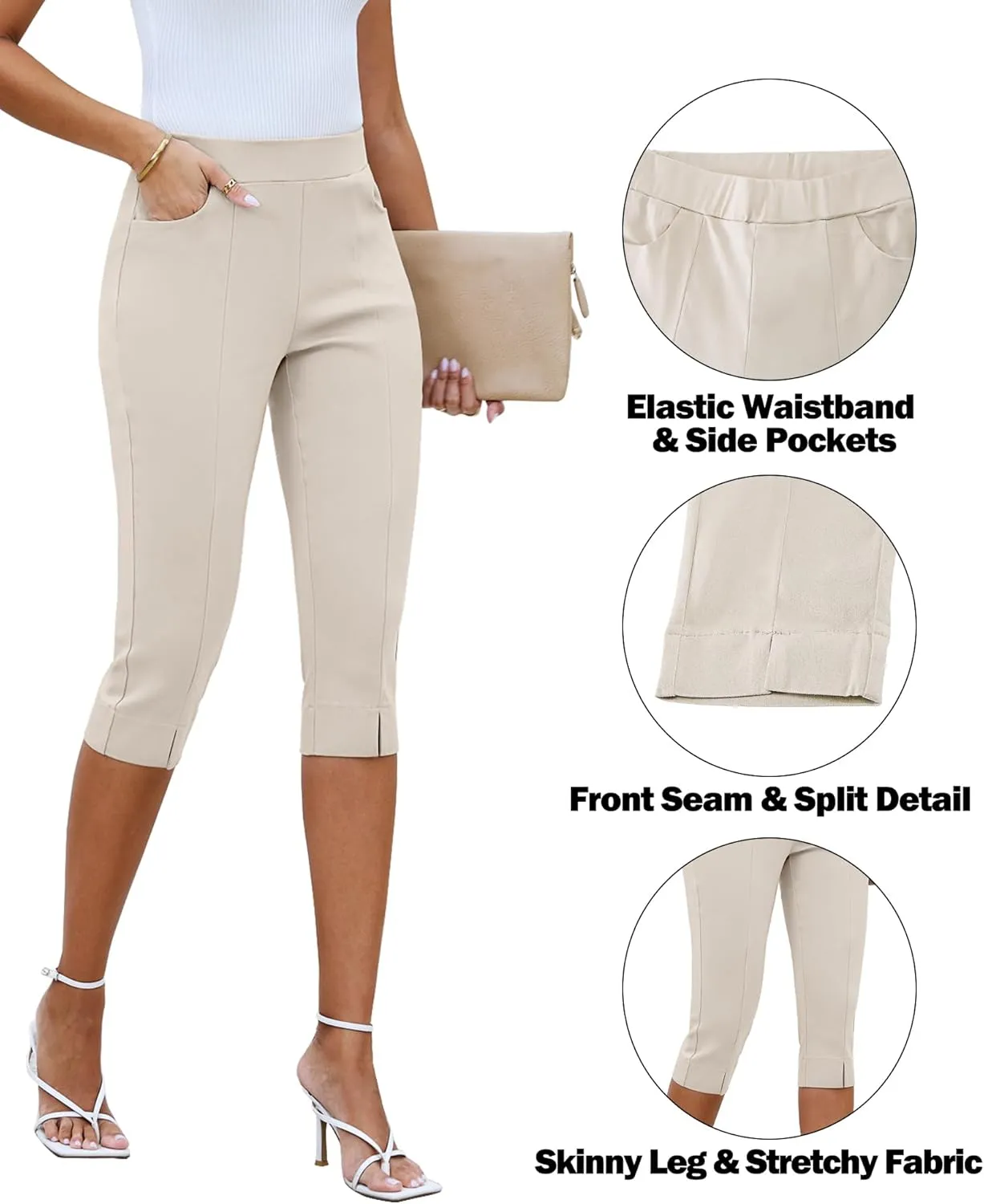 GRAPENT Capri Pants for Women High Waisted Pull On Elastic Waist Dressy Casual Stretchy Capris Trousers Pants Pockets