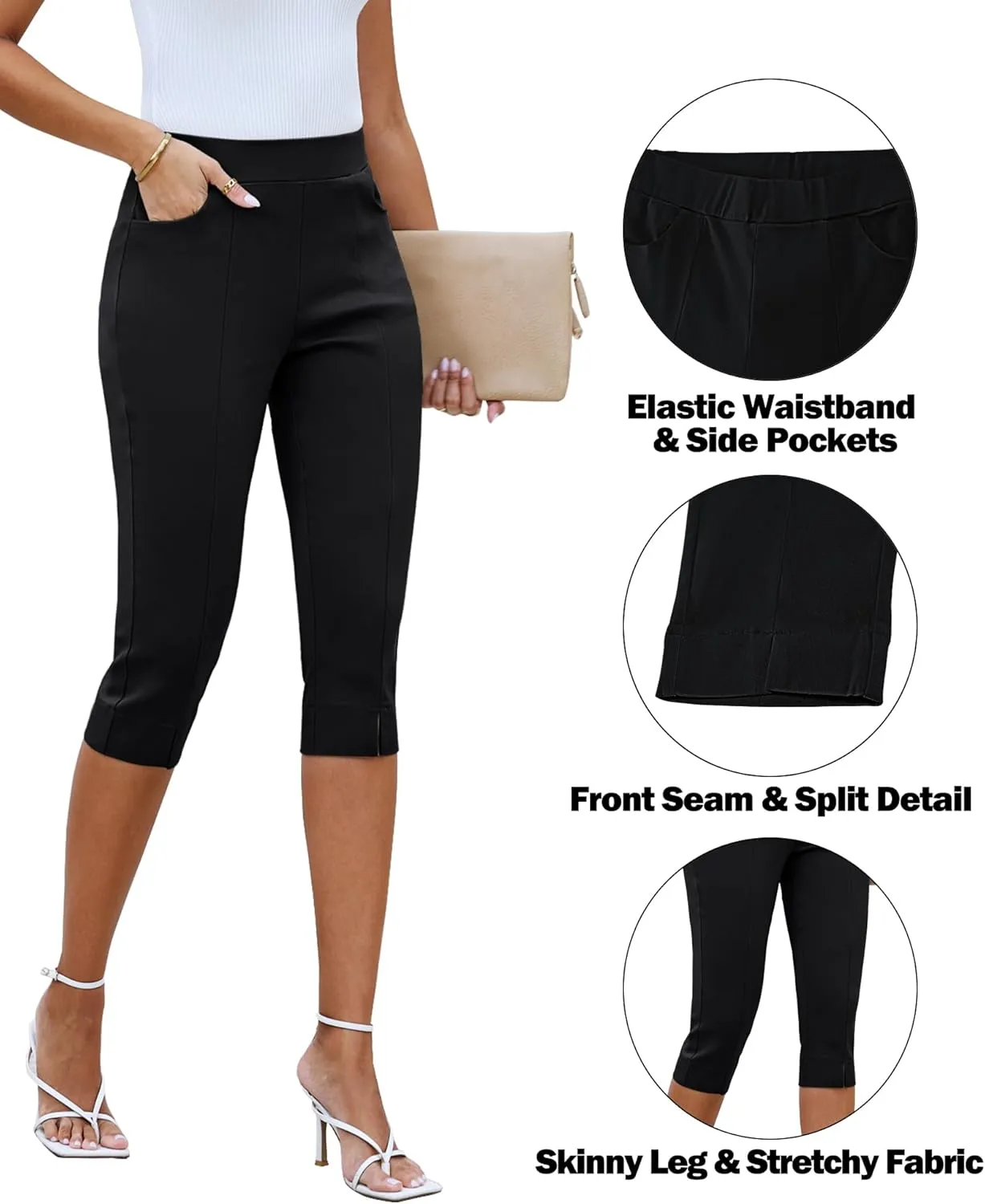 GRAPENT Capri Pants for Women High Waisted Pull On Elastic Waist Dressy Casual Stretchy Capris Trousers Pants Pockets