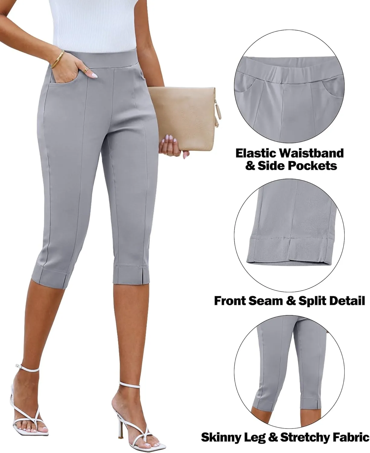 GRAPENT Capri Pants for Women High Waisted Pull On Elastic Waist Dressy Casual Stretchy Capris Trousers Pants Pockets