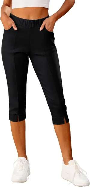 GRAPENT Capri Pants for Women High Waisted Pull On Elastic Waist Dressy Casual Stretchy Capris Trousers Pants Pockets