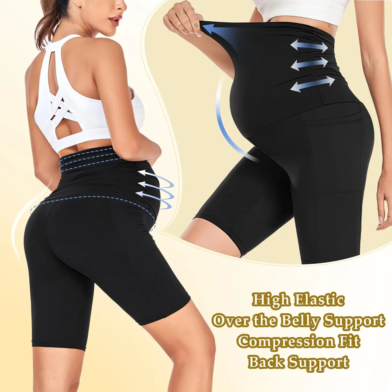 GROTEEN 3 Pack Women's Maternity Shorts Over Belly with Pockets - 8'' High Waisted Workout Yoga Pregnancy Biker Shorts