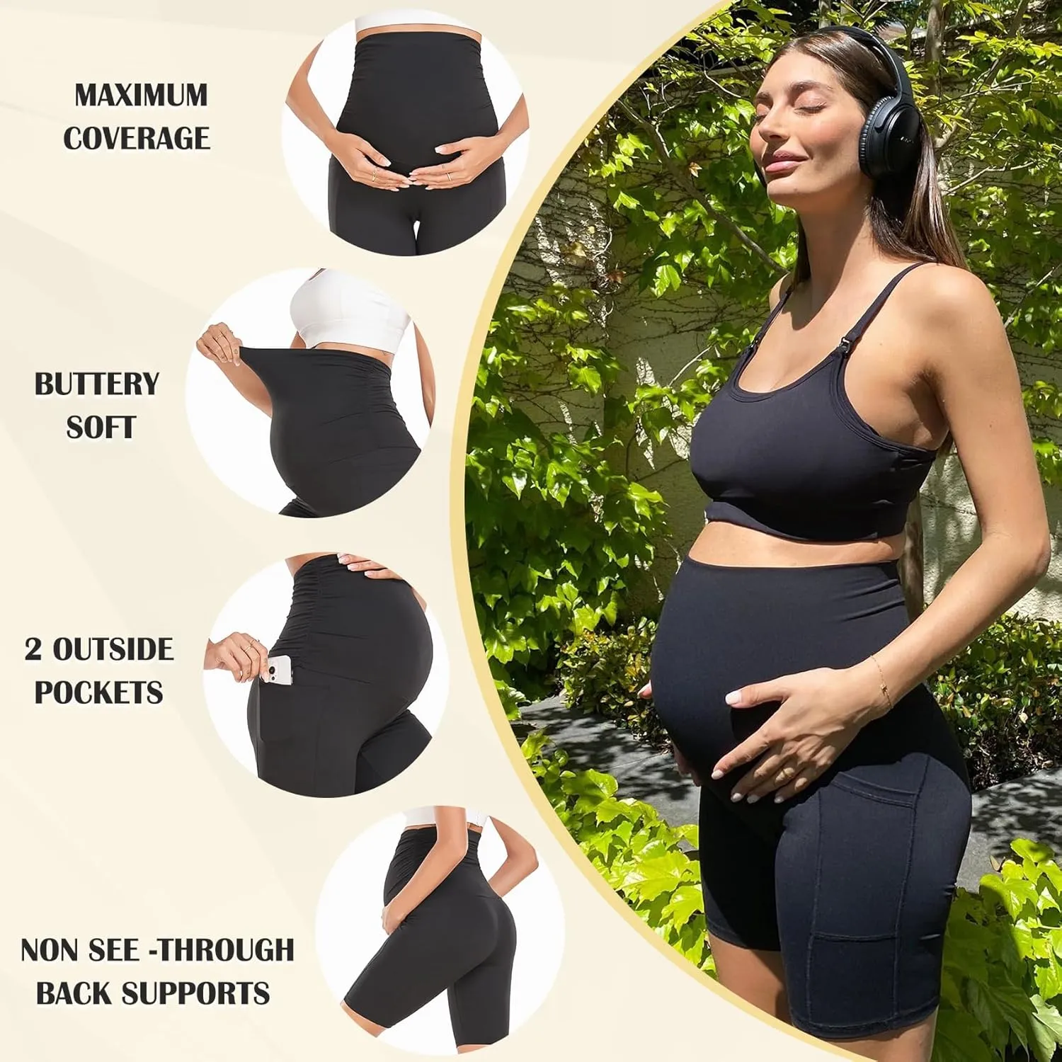 GROTEEN 3 Pack Women's Maternity Shorts Over Belly with Pockets - 8'' High Waisted Workout Yoga Pregnancy Biker Shorts