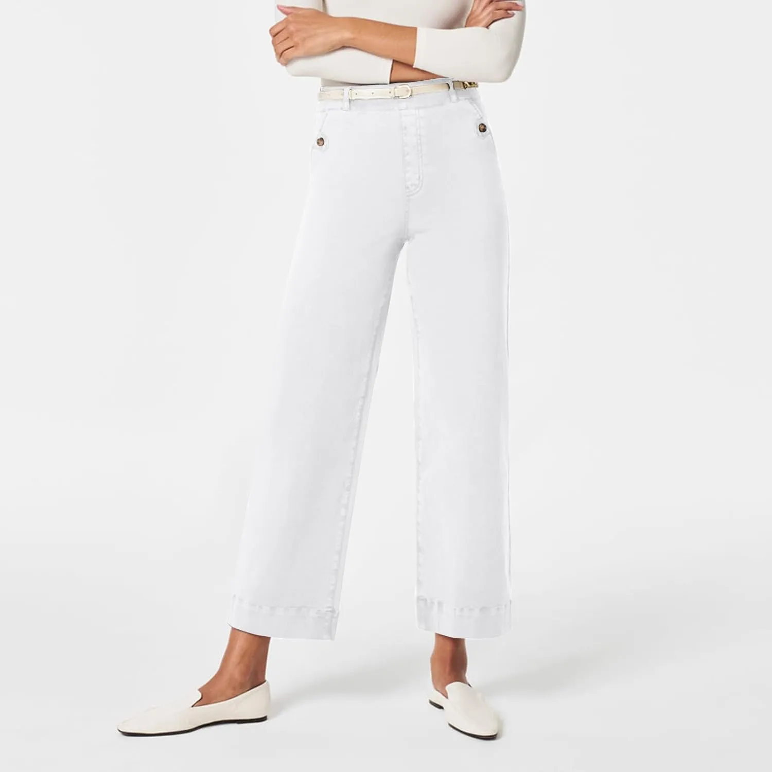 Gumipy Women Stretch Twill Cropped Wide Leg Pant High Waist Casual Capri Pants Straight Leg Chino Pants Dressy Ankle Jeans