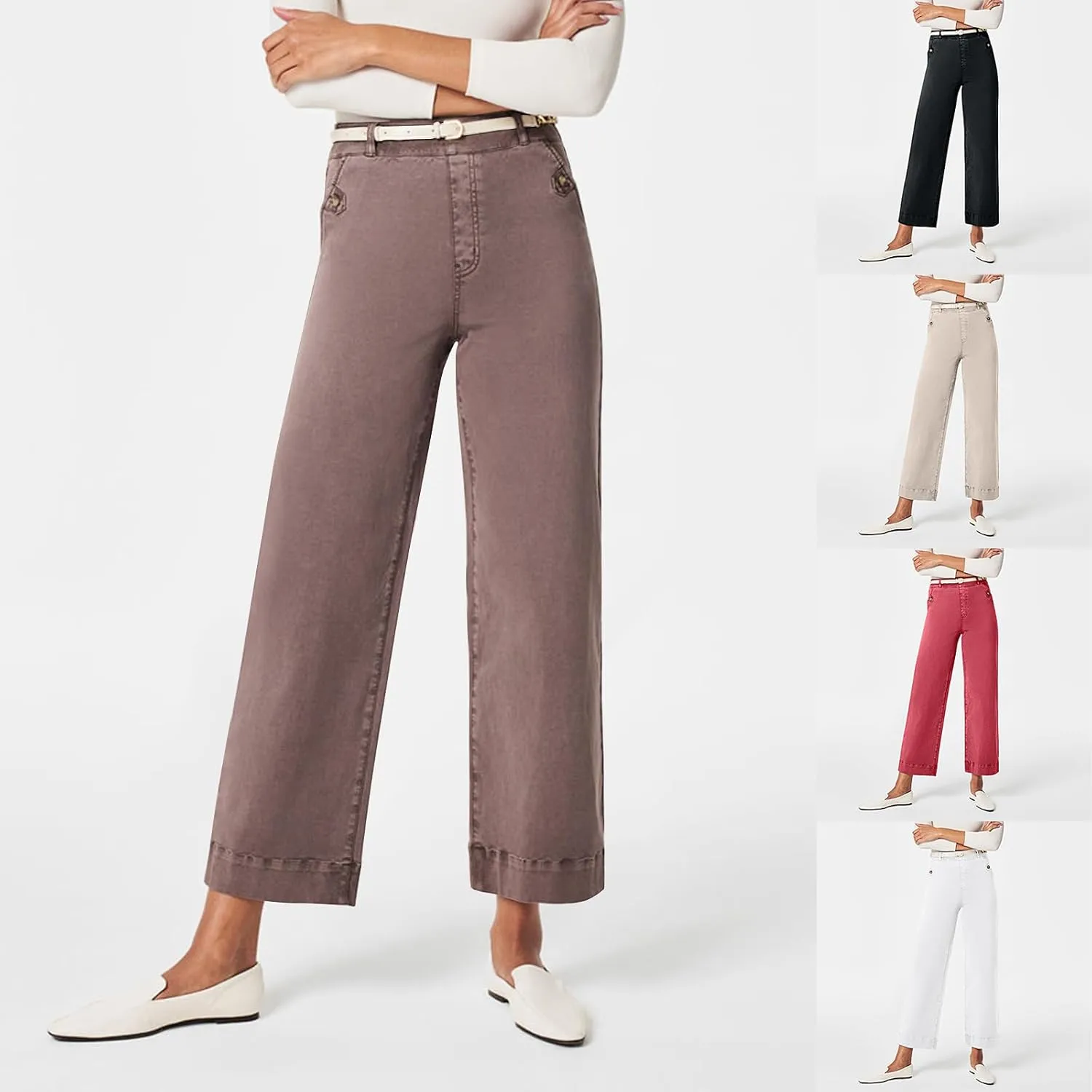 Gumipy Women Stretch Twill Cropped Wide Leg Pant High Waist Casual Capri Pants Straight Leg Chino Pants Dressy Ankle Jeans