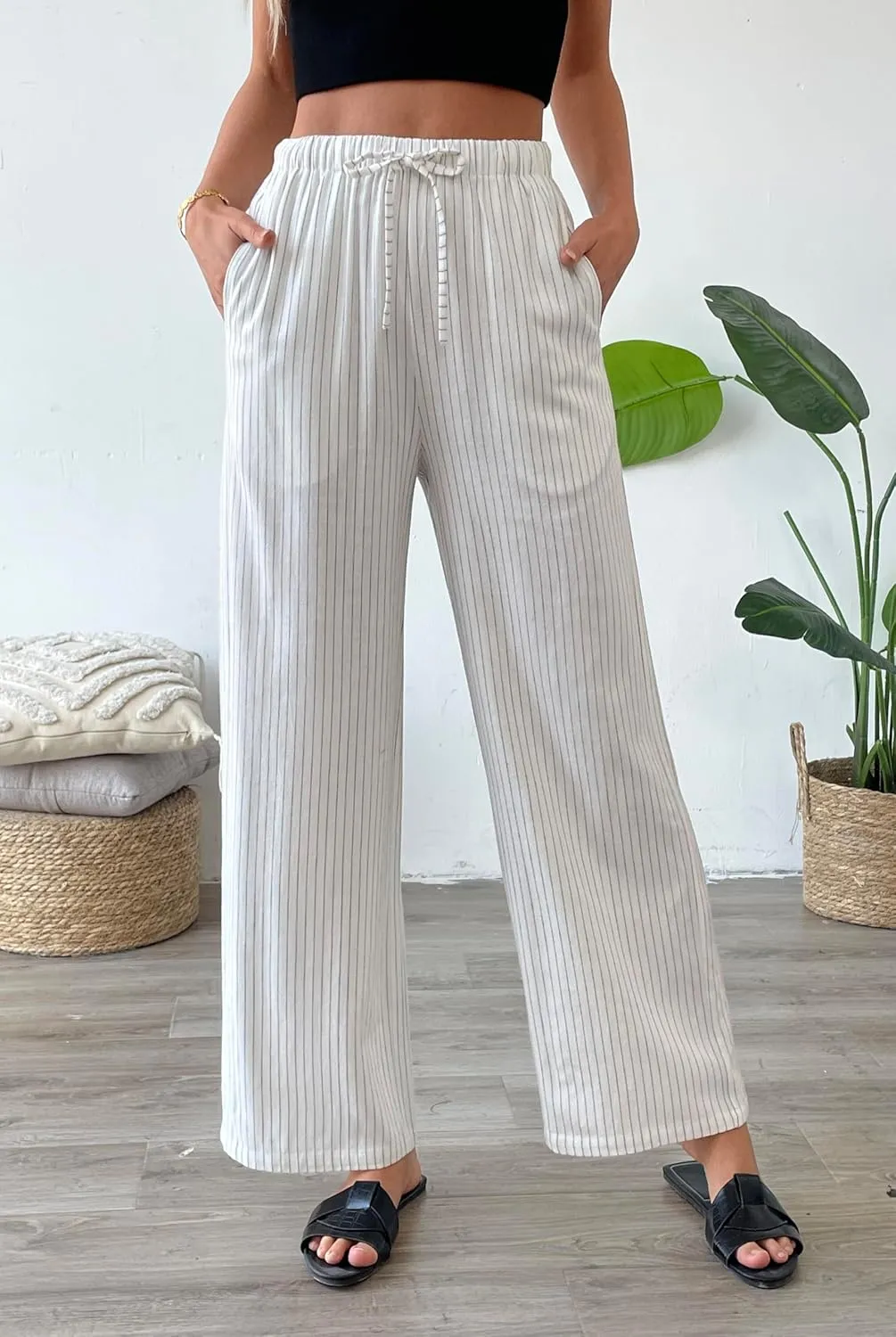 heipeiwa Women's Linen Pants Striped Summer Boho Straight Wide Leg Beach Lounge Casual Trousers