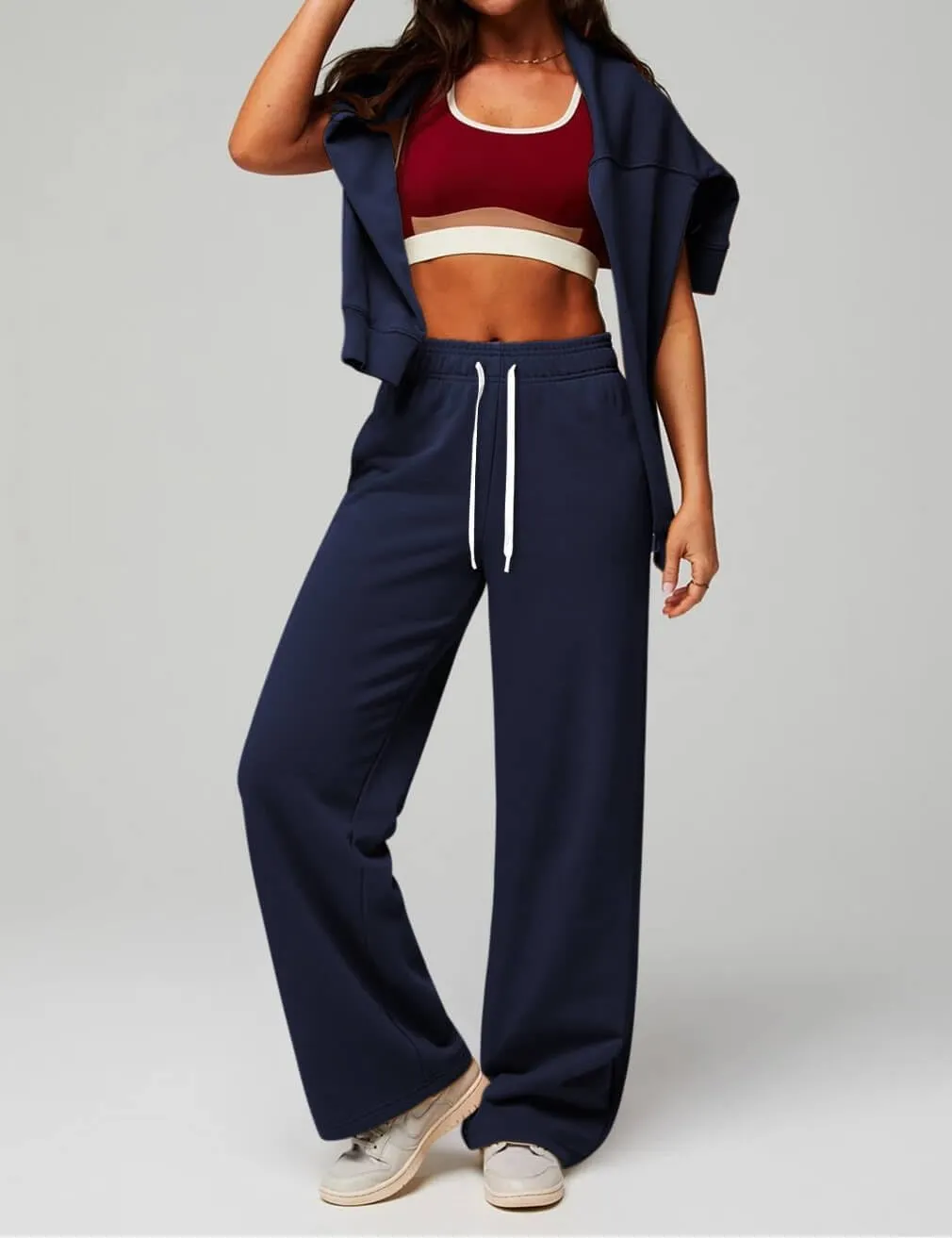 HeSaYep Women's Wide Leg Sweatpants Elastic High Waist Loose Sweat Pants Straight Leg Drawstring Trousers with Pockets