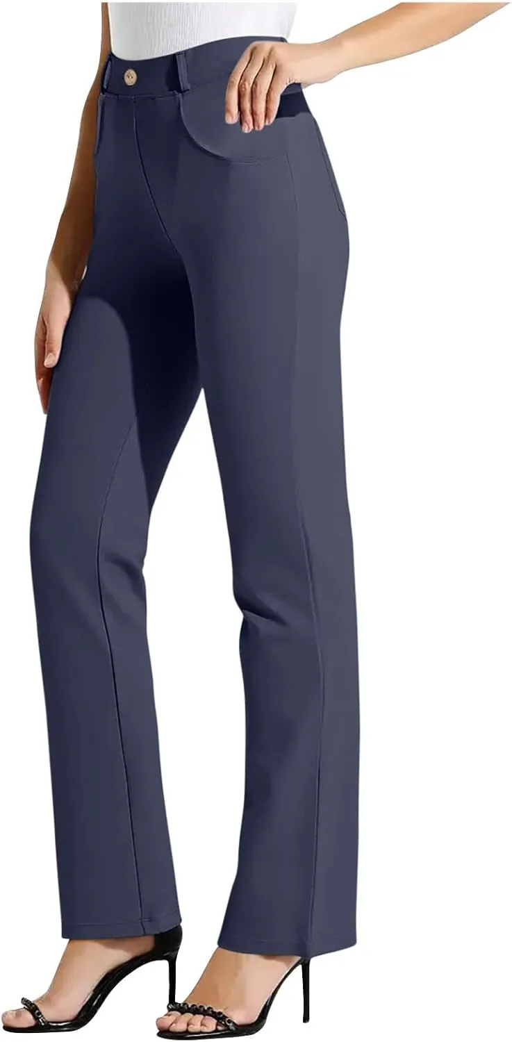 High Waist Work Pants for Women Casual Straight Leg Trousers Stretch Waist Basic Solid Color Office Dress Pants