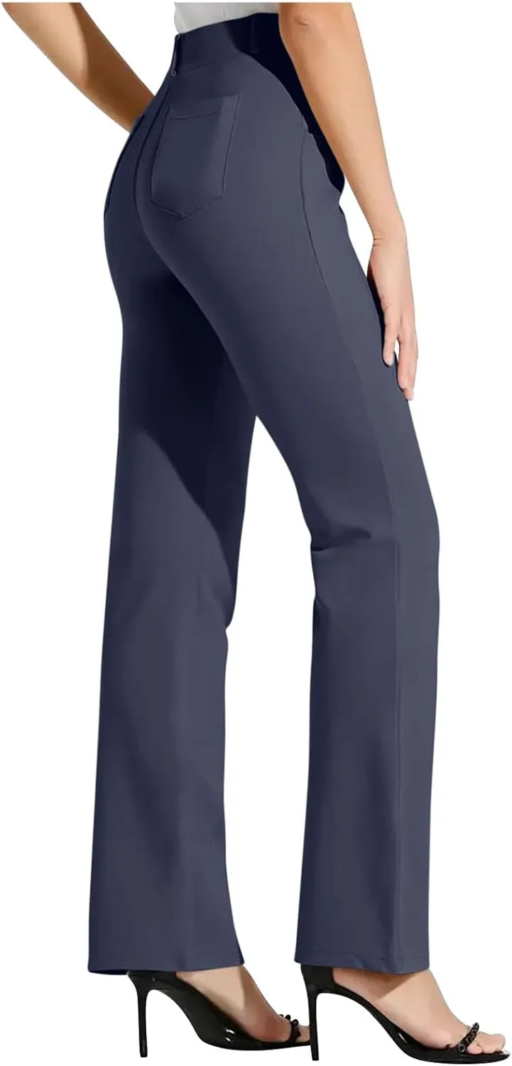 High Waist Work Pants for Women Casual Straight Leg Trousers Stretch Waist Basic Solid Color Office Dress Pants