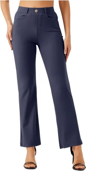 High Waist Work Pants for Women Casual Straight Leg Trousers Stretch Waist Basic Solid Color Office Dress Pants
