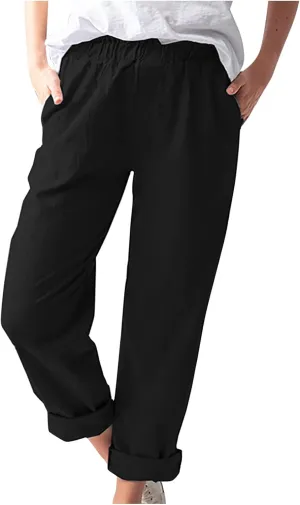 High Waisted Pants with Pockets for Women, Casual Elastic Waist Straight Wide Leg Pants Solid Comfy Trousers