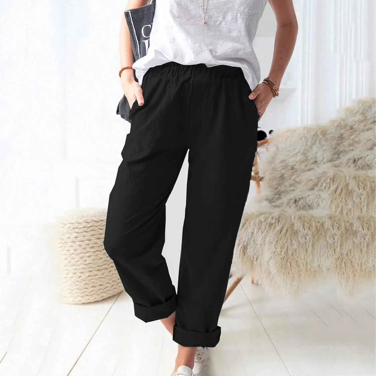 High Waisted Pants with Pockets for Women, Casual Elastic Waist Straight Wide Leg Pants Solid Comfy Trousers