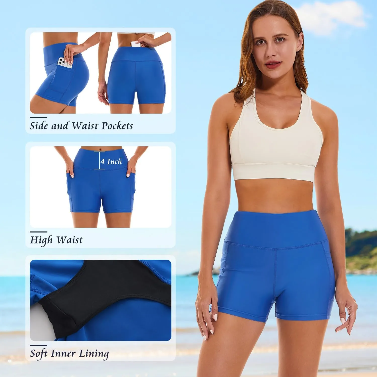 HODOSPORTS Women's 3''/5''/7''/9'' Swim Shorts UPF 50  High Waisted Board Shorts with Pockets Liner Quick Dry Swimsuit Bottom