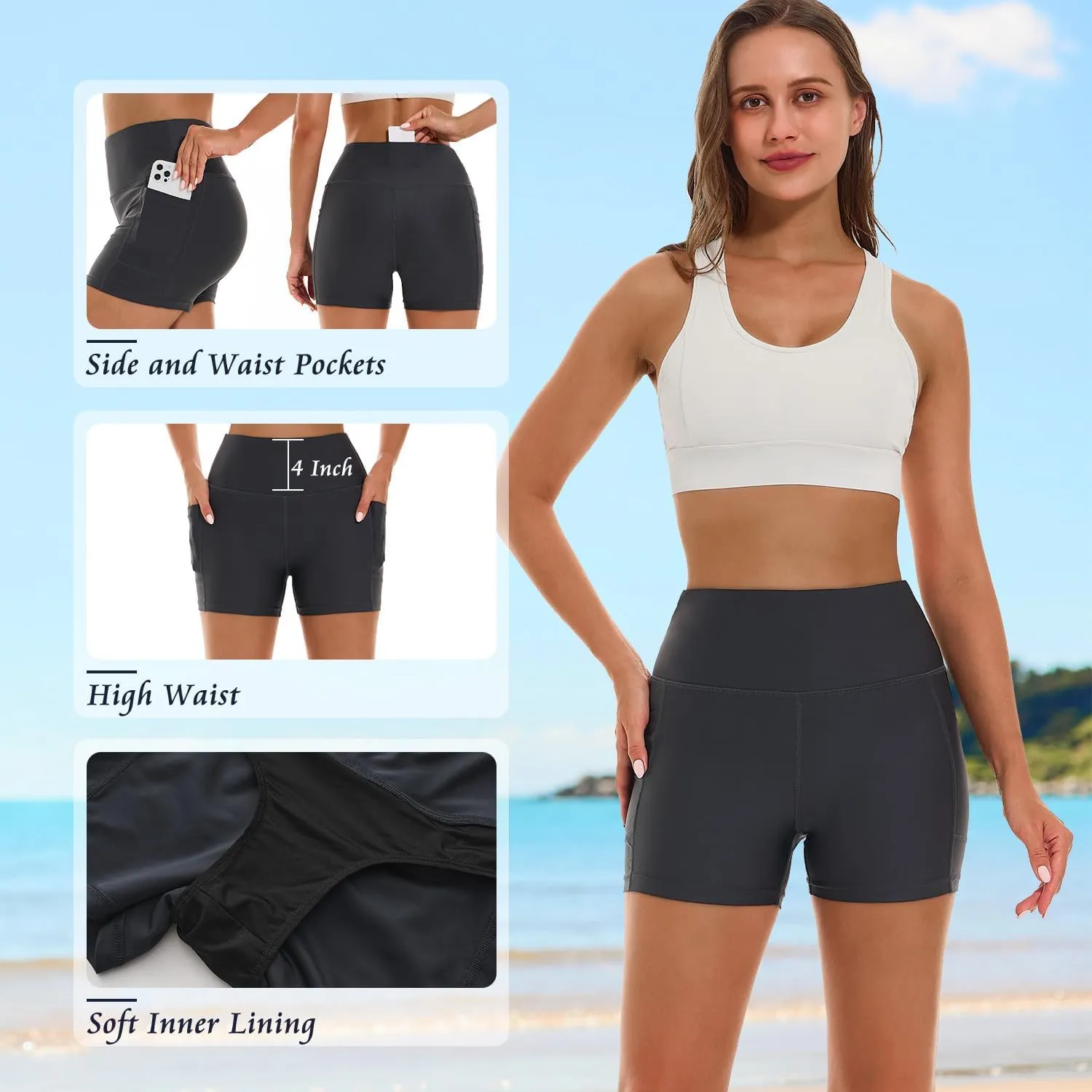 HODOSPORTS Women's 3''/5''/7''/9'' Swim Shorts UPF 50  High Waisted Board Shorts with Pockets Liner Quick Dry Swimsuit Bottom