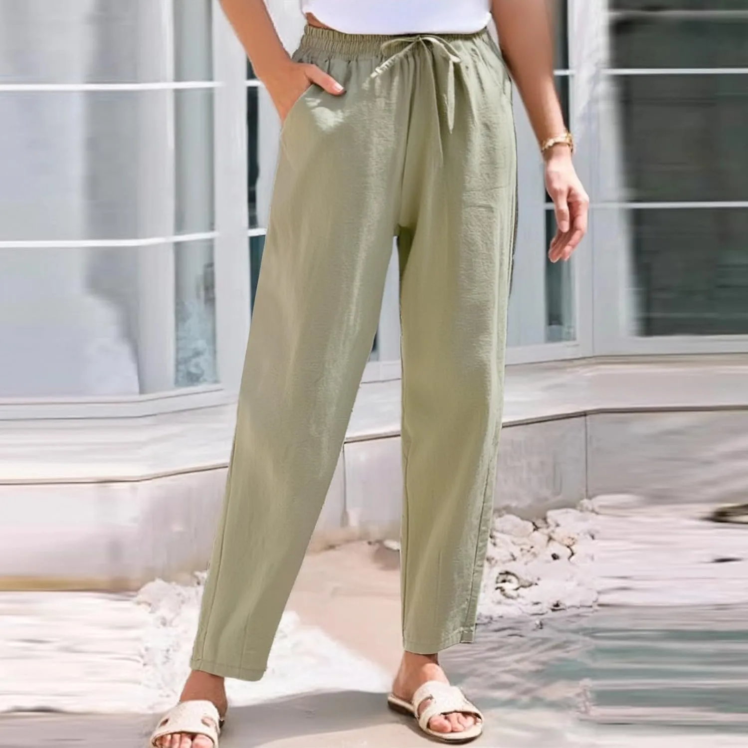 HXHYQKP Women's Cotton Linen Straight Leg Pants Elastic Drawstring Casual Summer Beach Lounge Trousers with Pockets