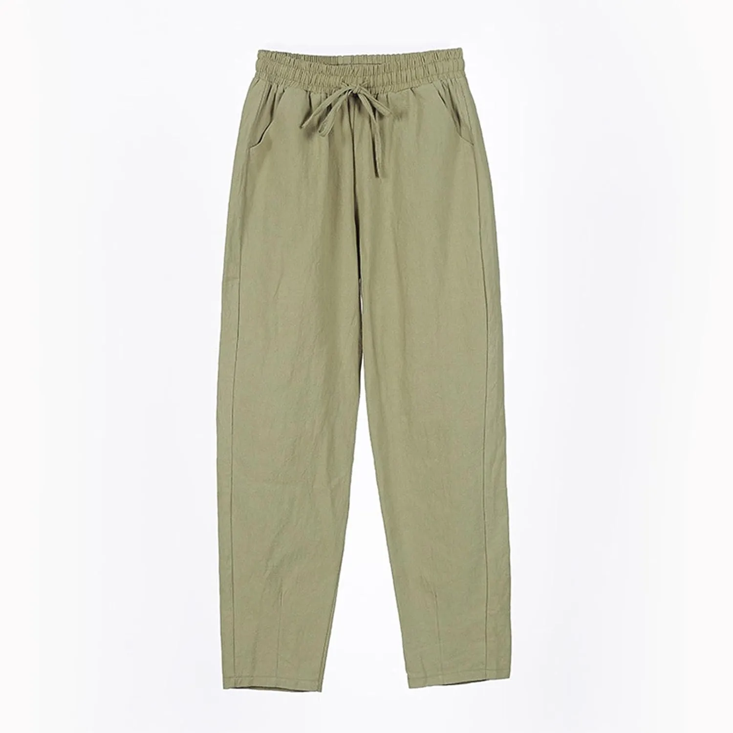 HXHYQKP Women's Cotton Linen Straight Leg Pants Elastic Drawstring Casual Summer Beach Lounge Trousers with Pockets