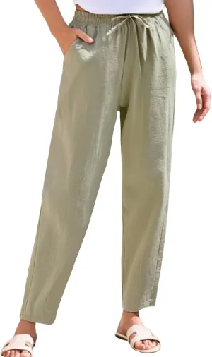 HXHYQKP Women's Cotton Linen Straight Leg Pants Elastic Drawstring Casual Summer Beach Lounge Trousers with Pockets