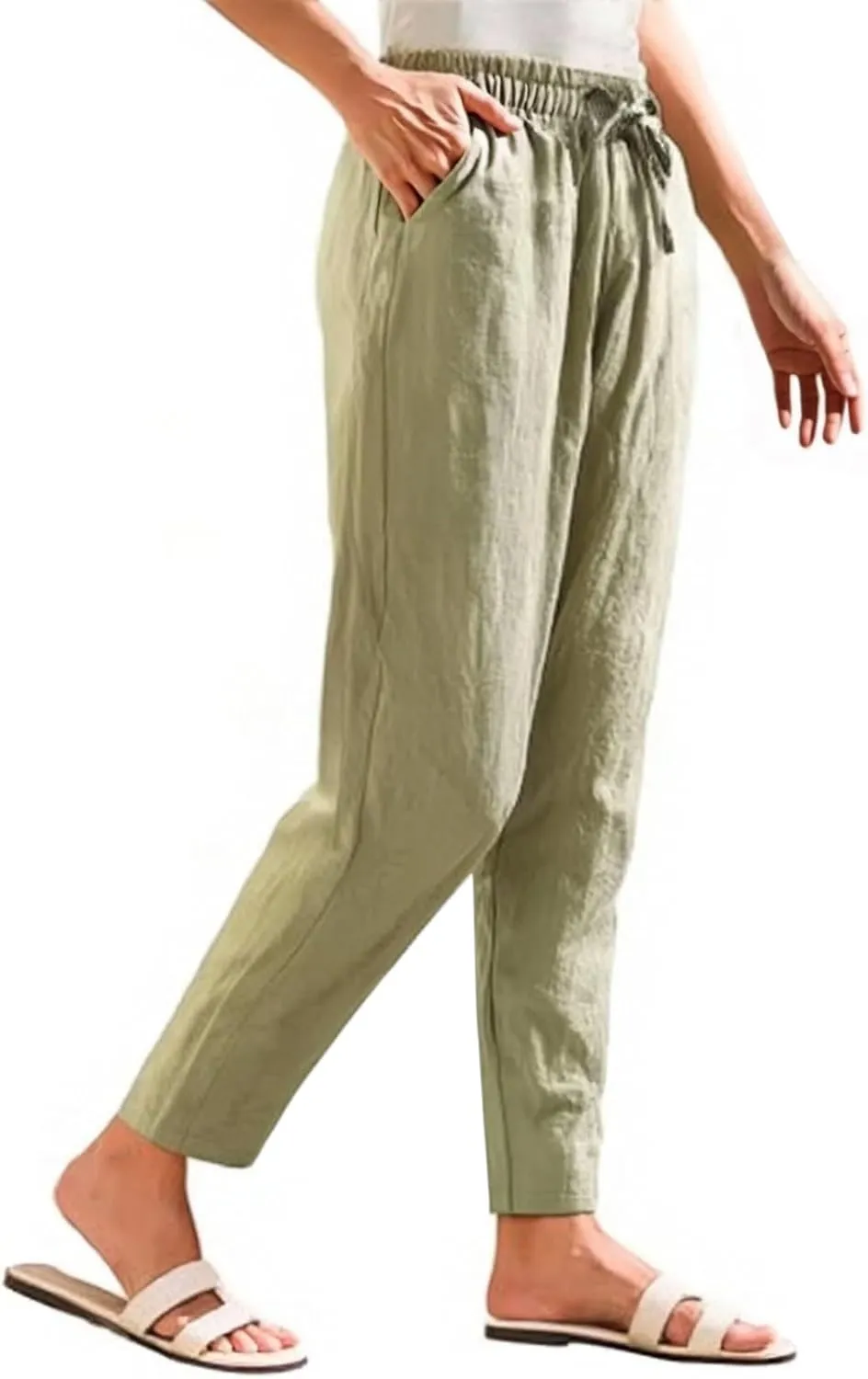 HXHYQKP Women's Cotton Linen Straight Leg Pants Elastic Drawstring Casual Summer Beach Lounge Trousers with Pockets