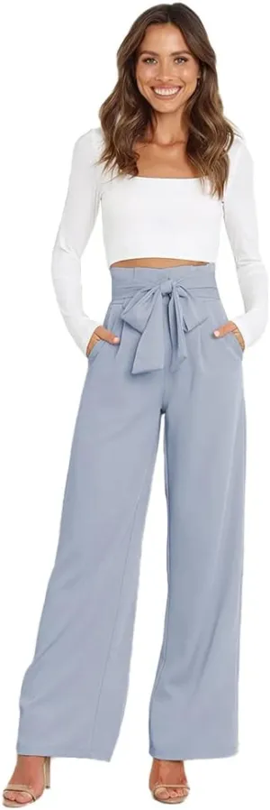 IWEMEK Women's Casual High Waist Belted Wide Leg Pants with Pocket Bow-Knot Self Tie Work Pants Long Palazzo Pants Trousers