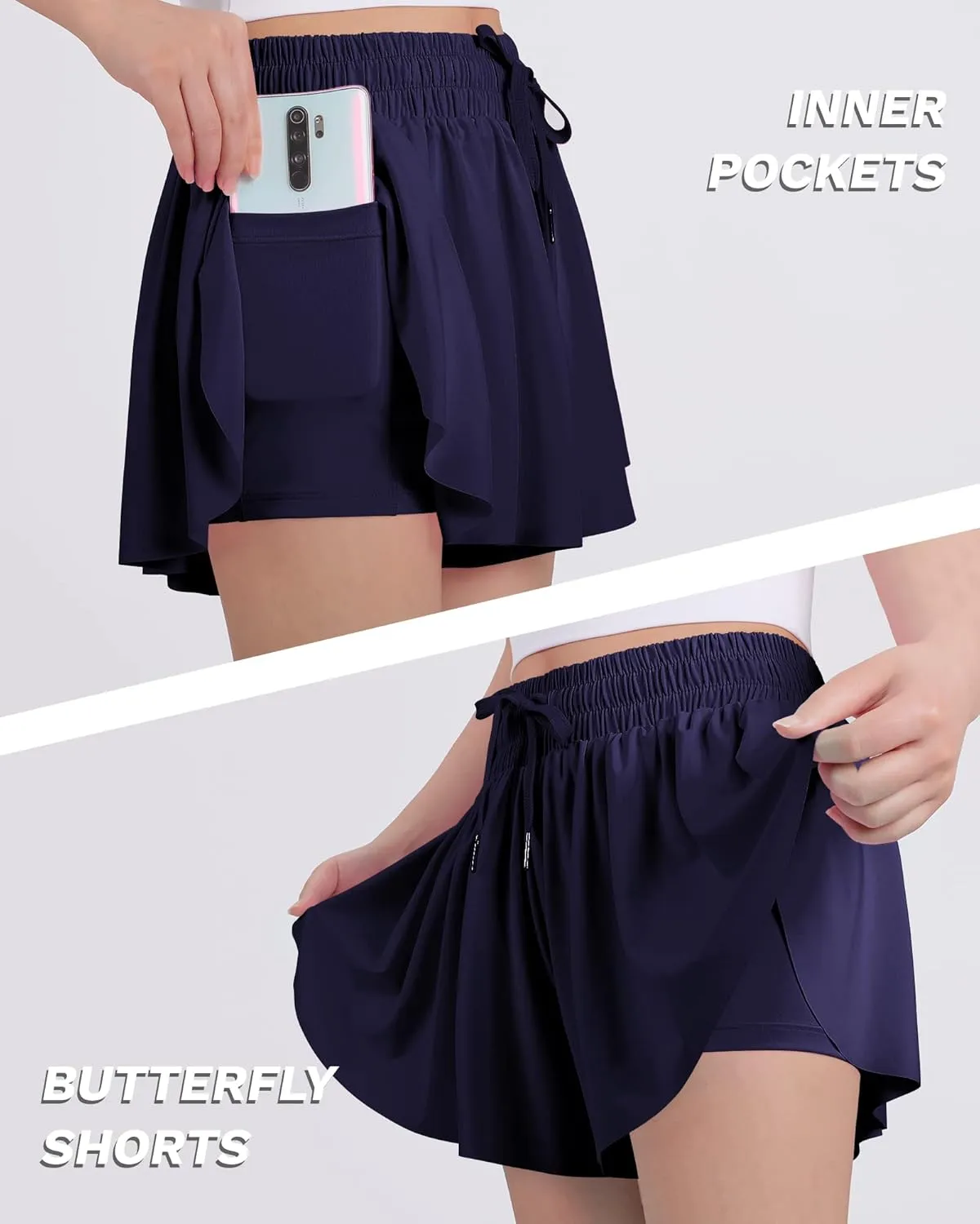 JOCMIC Girls Flowy Shorts, 2 in 1 Preppy Butterfly Shorts with Spandex Liner for Cheer Athletic Gym Teens Casual Clothes
