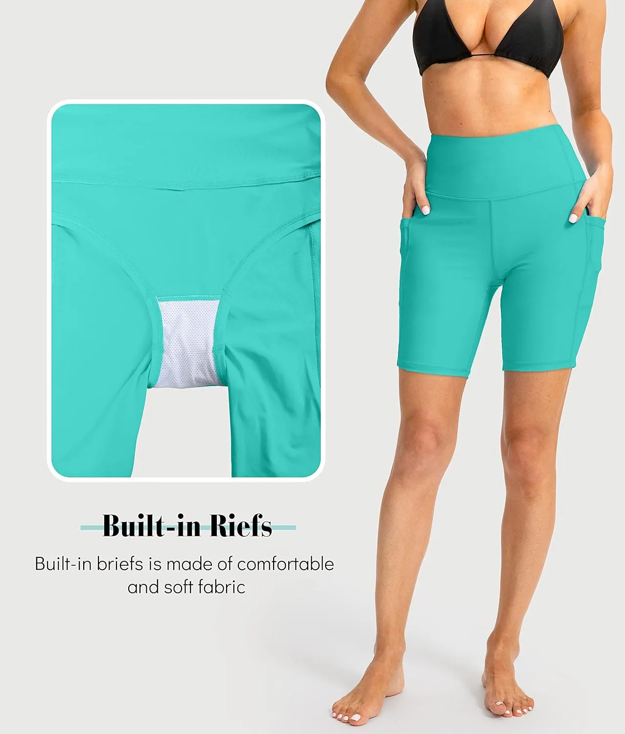 Kayrth Women's 7" High Waisted Swim Shorts with Side Pockets UPF50  Board Swimsuit Shorts for Women Bathing Suit Bottoms