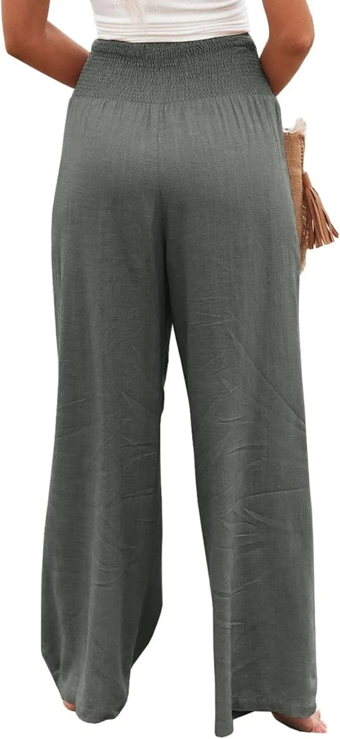 Kubbon Women Linen Palazzo Pants High Waist Casual Pants Wide Leg Long Lounge Pant Trousers Beach Travel Vacation Outfits