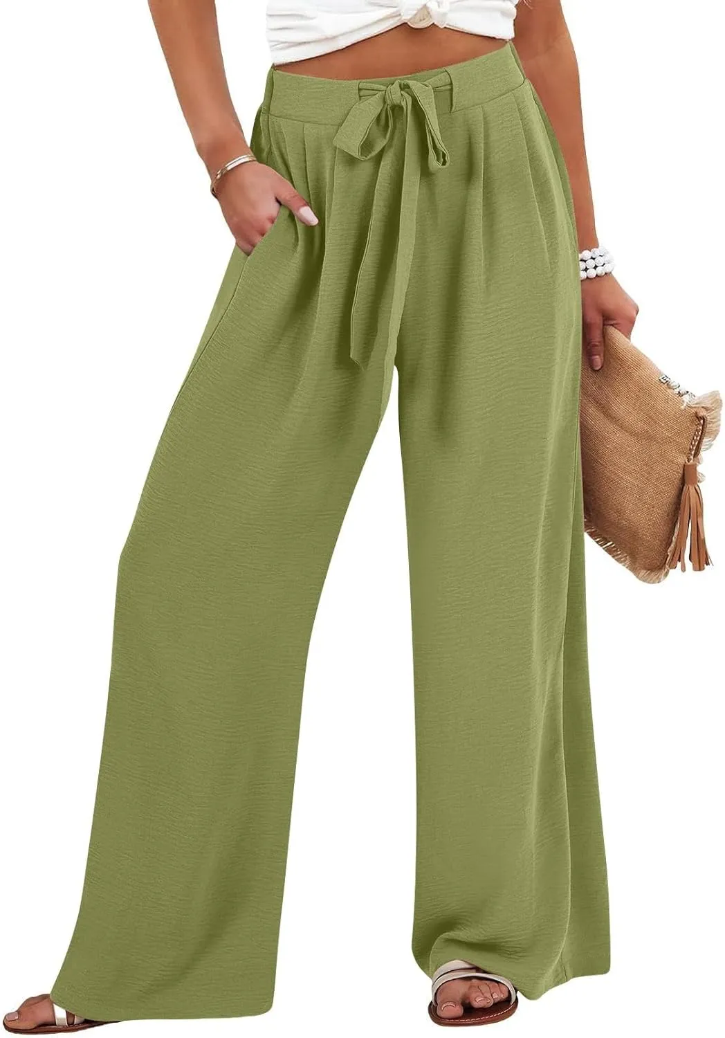 Lastesso Wide Leg Pants Woman Comfy High Waisted Lightweight Lounge Clothes with Pockets Soft Palazzo Flowy Summer Trousers