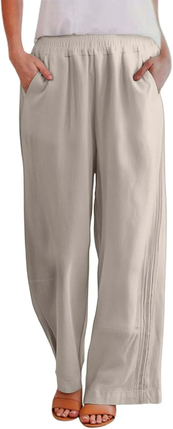 Linen Blend Pants for Women Casual Wide Leg Summer Palazzo Loose High Waist Flowy Beach Pants Baggy Elastic