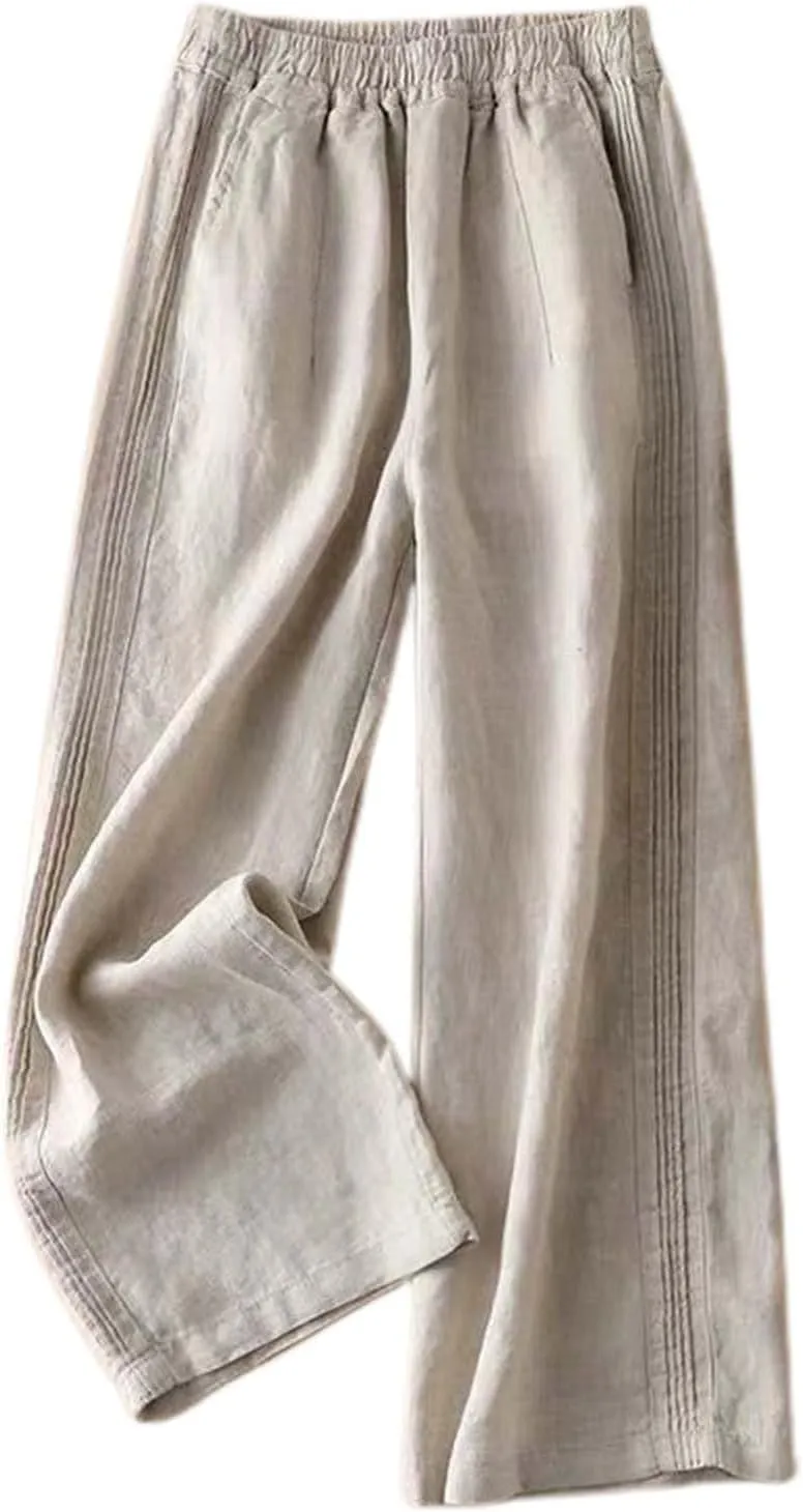 Linen Blend Pants for Women Casual Wide Leg Summer Palazzo Loose High Waist Flowy Beach Pants Baggy Elastic