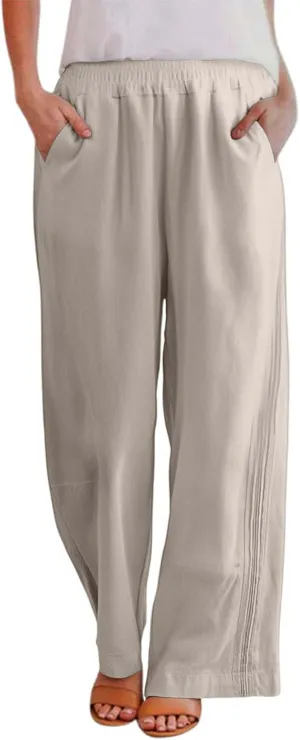Linen Blend Pants for Women Casual Wide Leg Summer Palazzo Loose High Waist Flowy Beach Pants Baggy Elastic