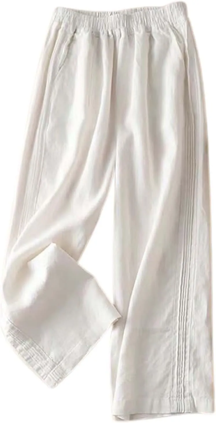 Linen Blend Pants for Women Casual Wide Leg Summer Palazzo Loose High Waist Flowy Beach Pants Baggy Elastic