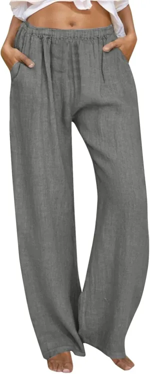 Linen Blend Pants for Women Summer Wide Leg High Waist Palazzo Flowy Loose Trousers Casuals Loungee Business Pants