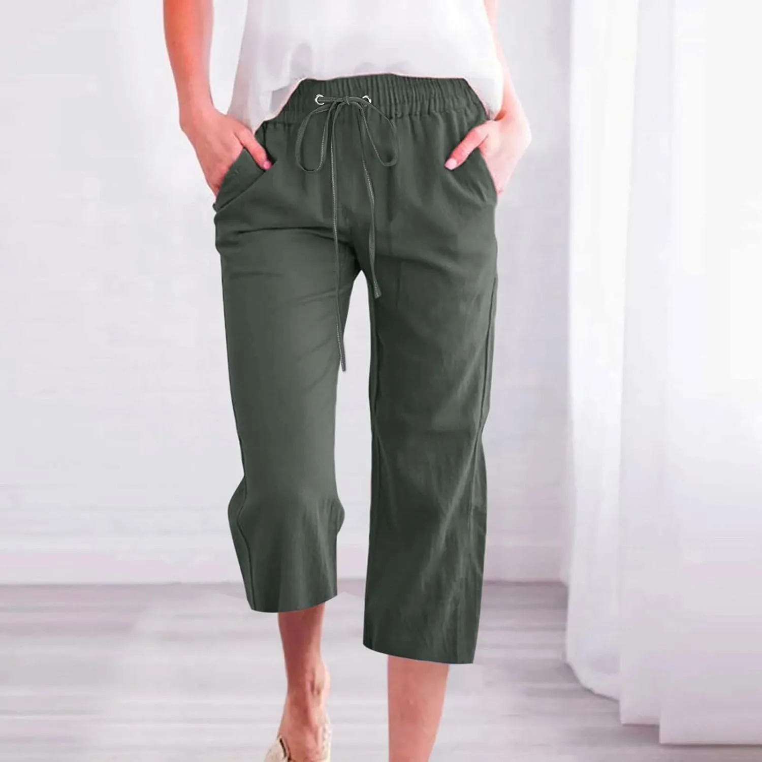 Linen Capri Pants for Women Casual Summer 2024 High Waist Drawstring Wide Leg Lounge Pant Resort Wear Cropped Trouser