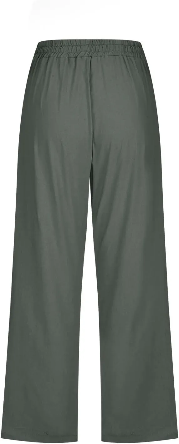 Linen Capri Pants for Women Casual Summer 2024 High Waist Drawstring Wide Leg Lounge Pant Resort Wear Cropped Trouser