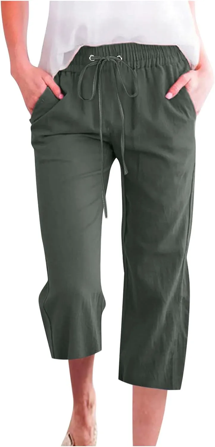 Linen Capri Pants for Women Casual Summer 2024 High Waist Drawstring Wide Leg Lounge Pant Resort Wear Cropped Trouser