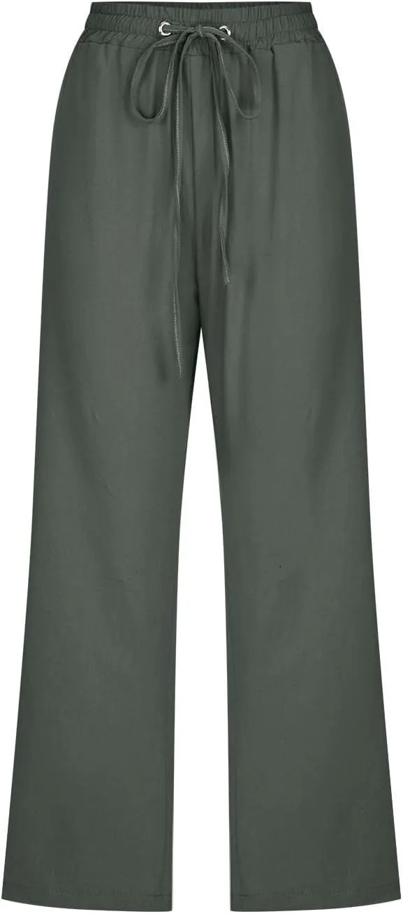 Linen Capri Pants for Women Casual Summer 2024 High Waist Drawstring Wide Leg Lounge Pant Resort Wear Cropped Trouser